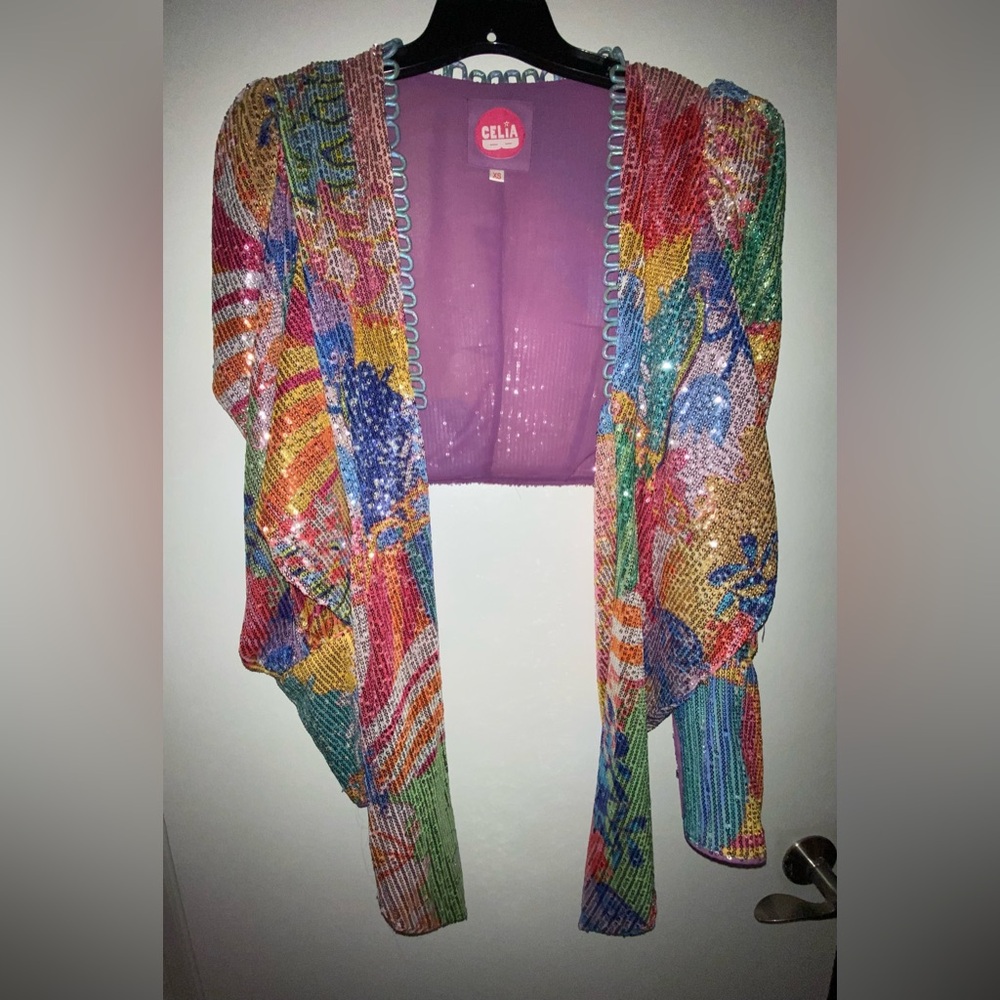 Celia B CeliaB Fuji Sequin Rainbow Top Wrap Blouse shirt XS Disco Party Dopamine - Picture 9 of 15